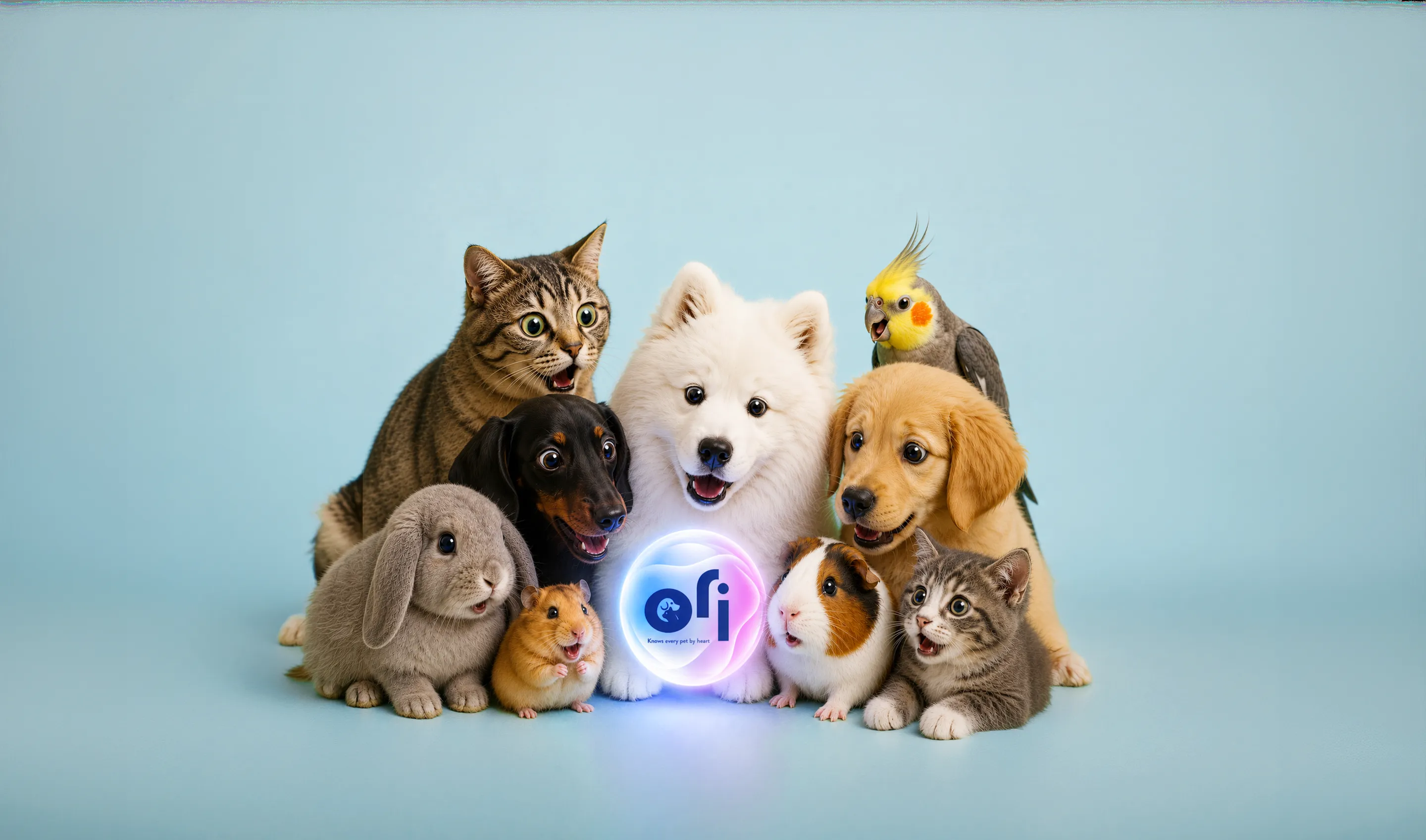 A family of pets gathered around a glowing phone