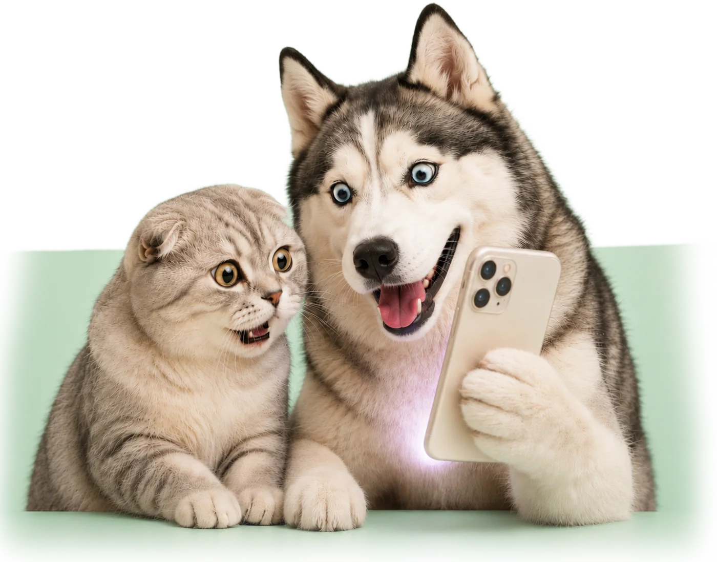 A husky and a kitten looking at a glowing phone