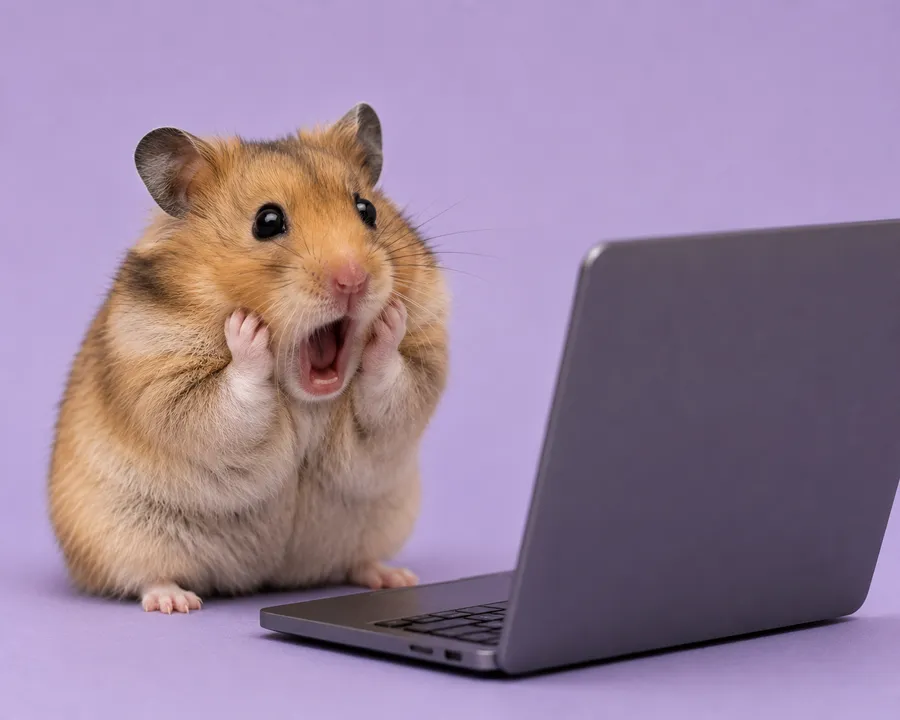 Hamster looking shocked at a laptop