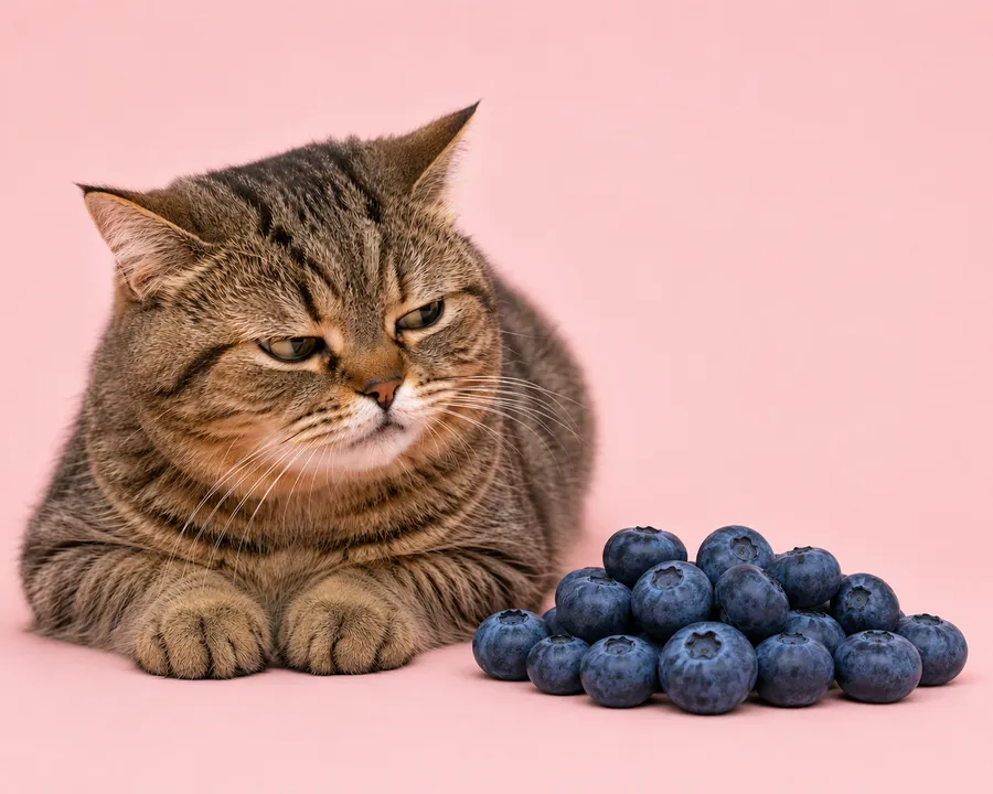 Tabby cat eyeing a bowl of blueberries