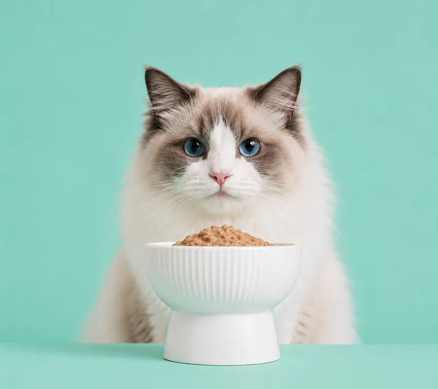 Ragdoll cat staring at an untouched food bowl