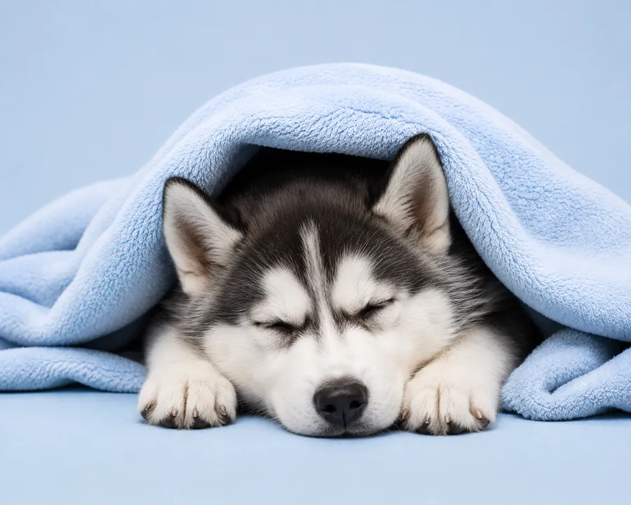 Husky asleep under a blue blanket